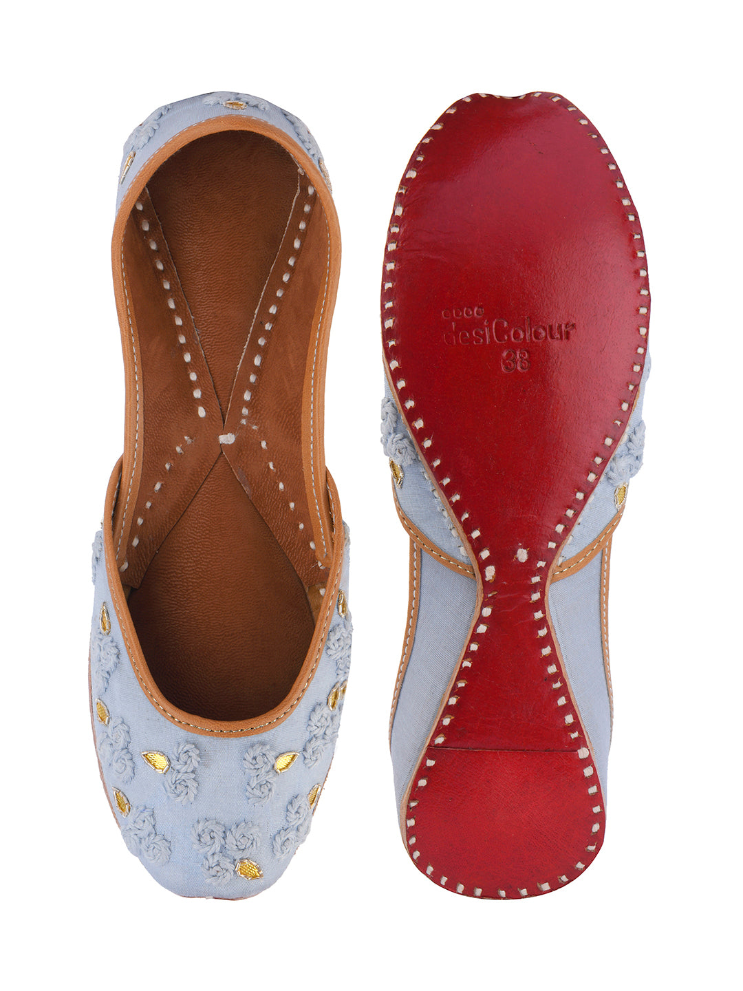 DESI COLOUR Women Gold-Toned Embellished Leather Mojaris