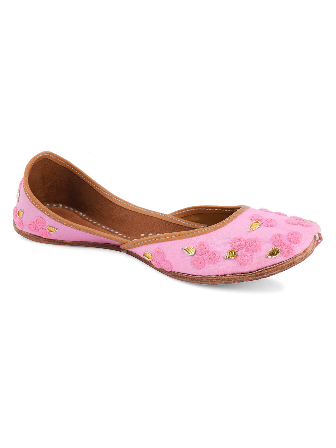 DESI COLOUR Women Gold-Toned Embellished Leather Mojaris
