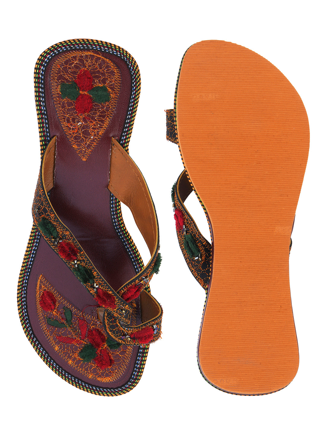 DESI COLOUR Women Brown Woven Design Leather Mojaris