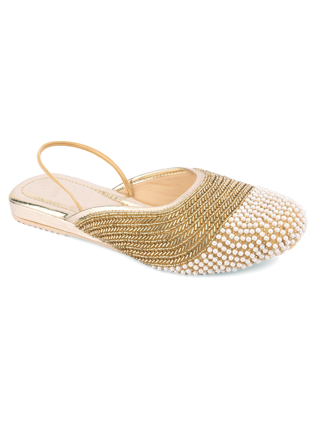 DESI COLOUR Women Gold-Toned Embellished Canvas Mules