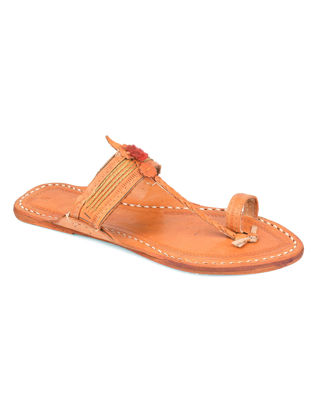 DESI COLOUR Women Tan Brown Textured Leather Ethnic One Toe Flats