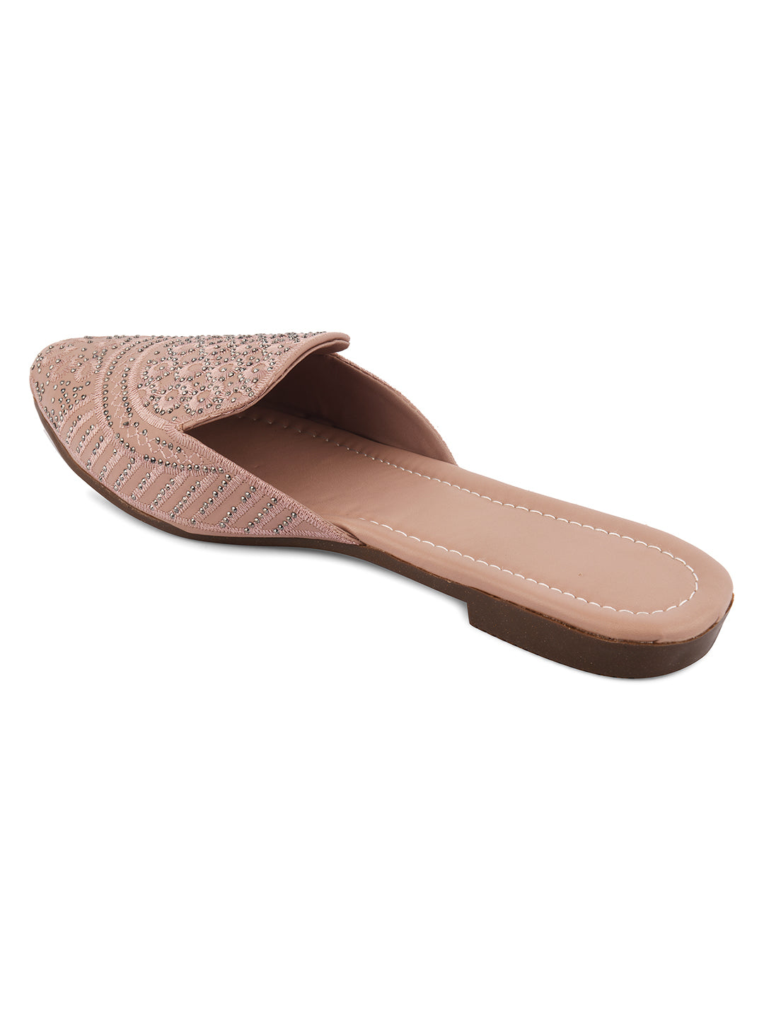 DESI COLOUR Women Peach-Coloured Embellished Leather Ethnic Mules Flats