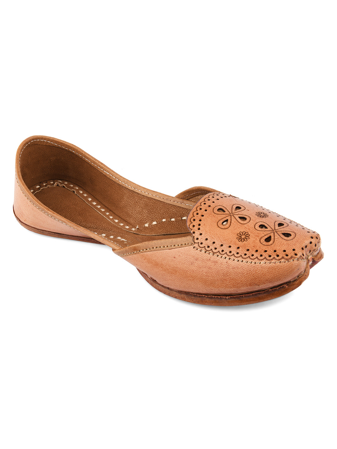 DESI COLOUR Women Nude-Coloured Embellished Leather Ethnic Mojaris with Laser Cuts Flats