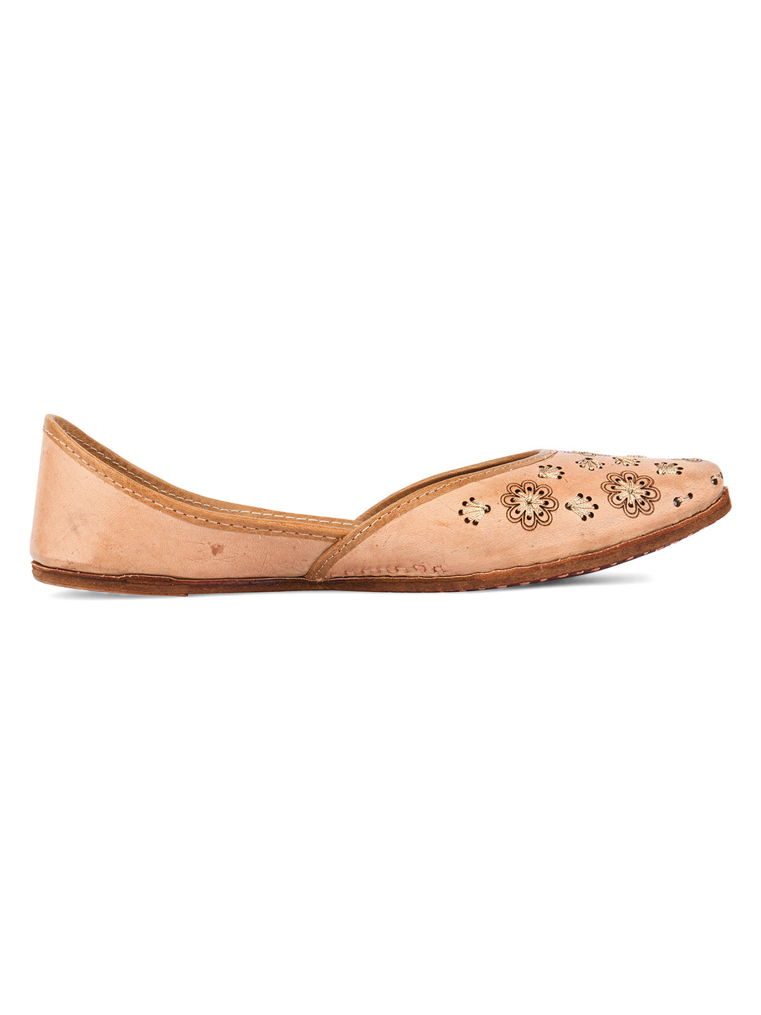 DESI COLOUR Women Nude-Coloured Textured Leather Ethnic Mojaris with Laser Cuts Flats
