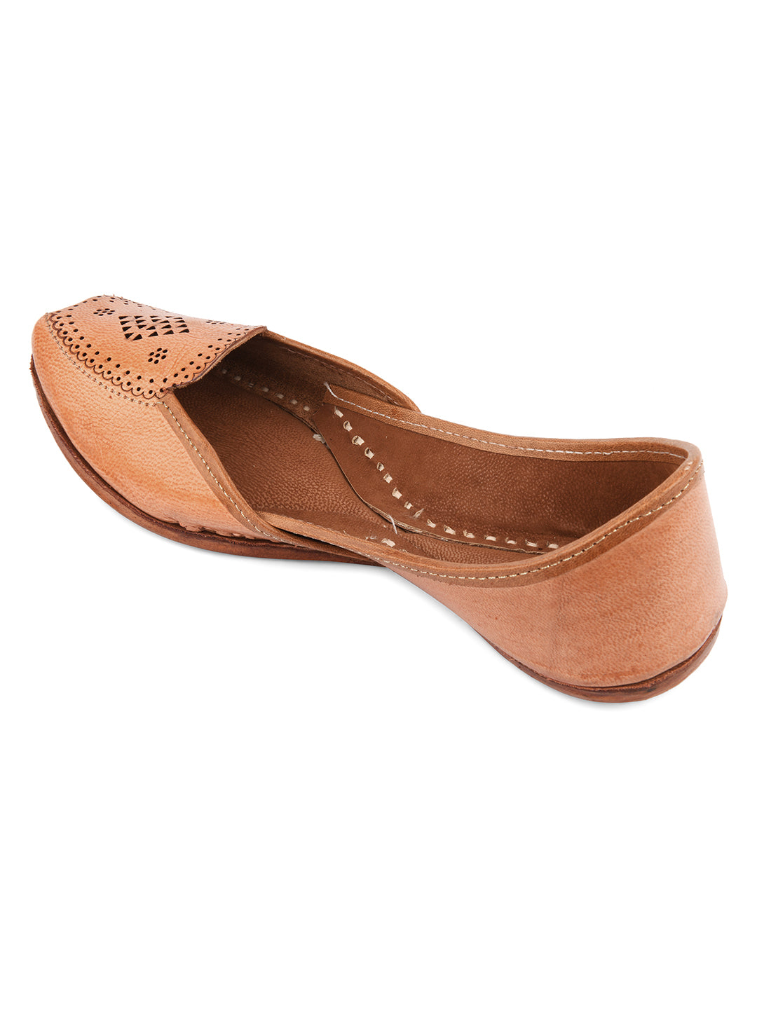 DESI COLOUR Women Nude-Coloured Embellished Leather Ethnic Mojaris with Laser Cuts Flats