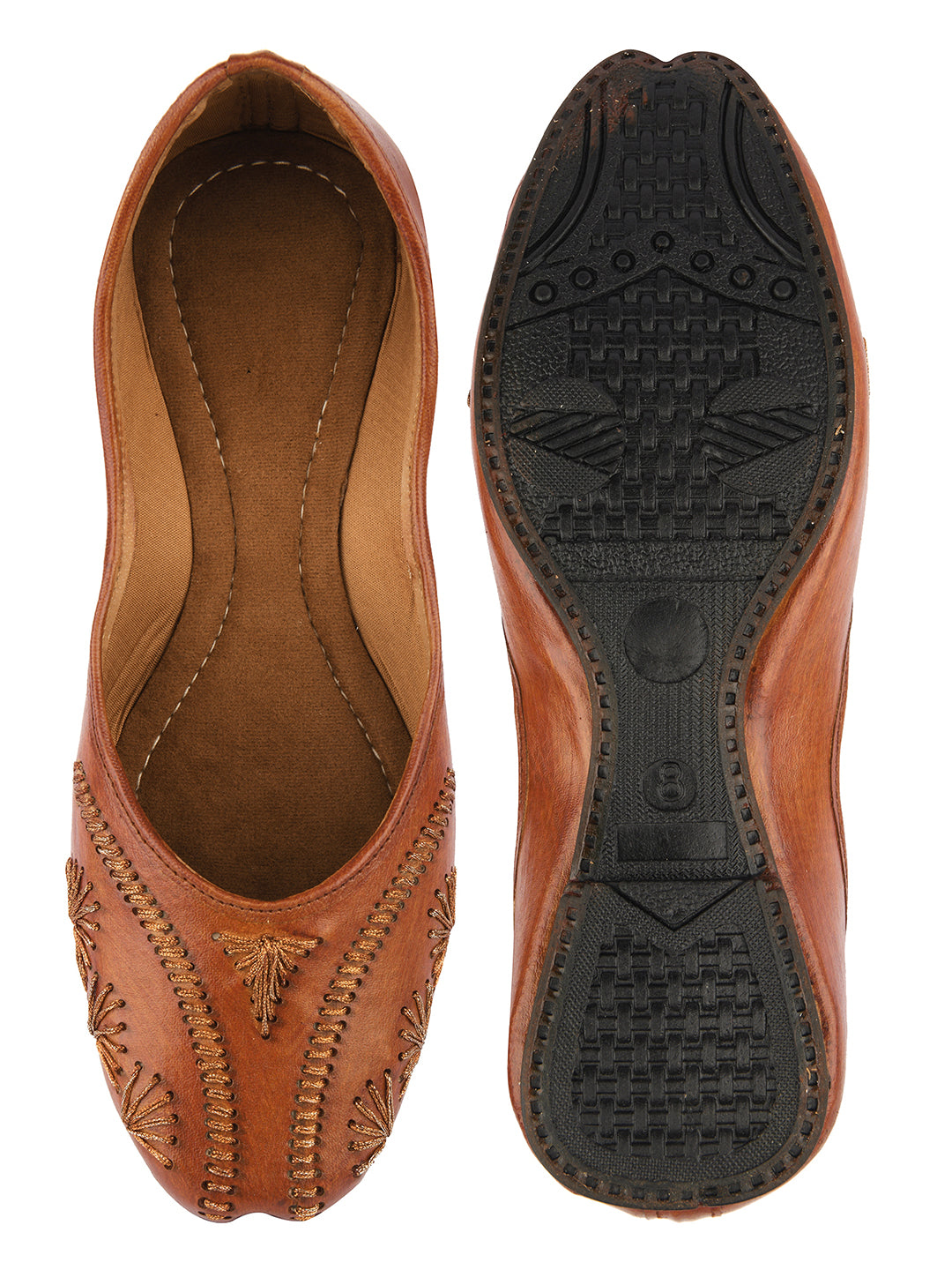 DESI COLOUR Women Brown Gold-Toned Embroidered Mojaris