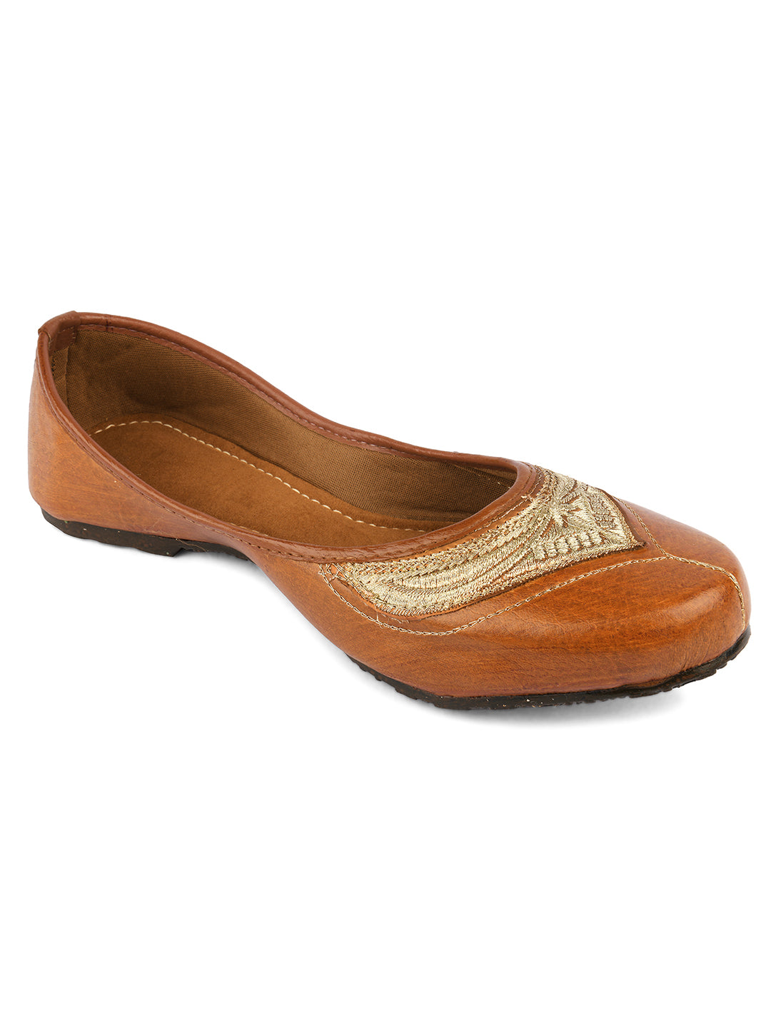 DESI COLOUR Women Brown Gold-Toned Embroidered Mojaris