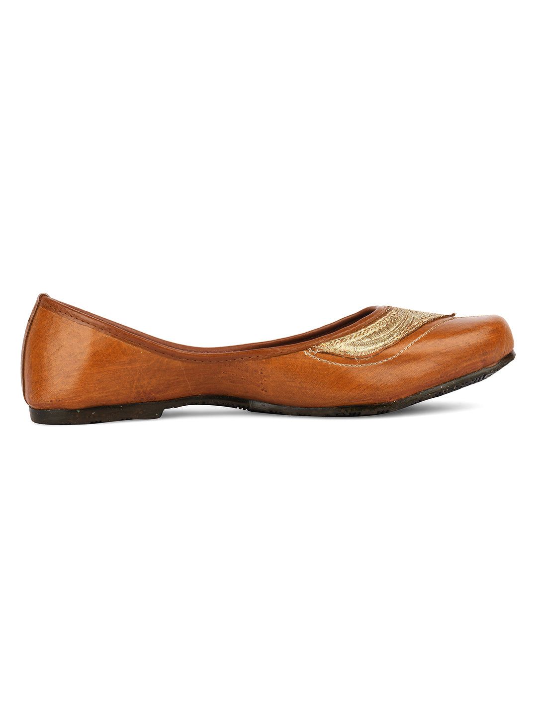 DESI COLOUR Women Brown Gold-Toned Embroidered Mojaris