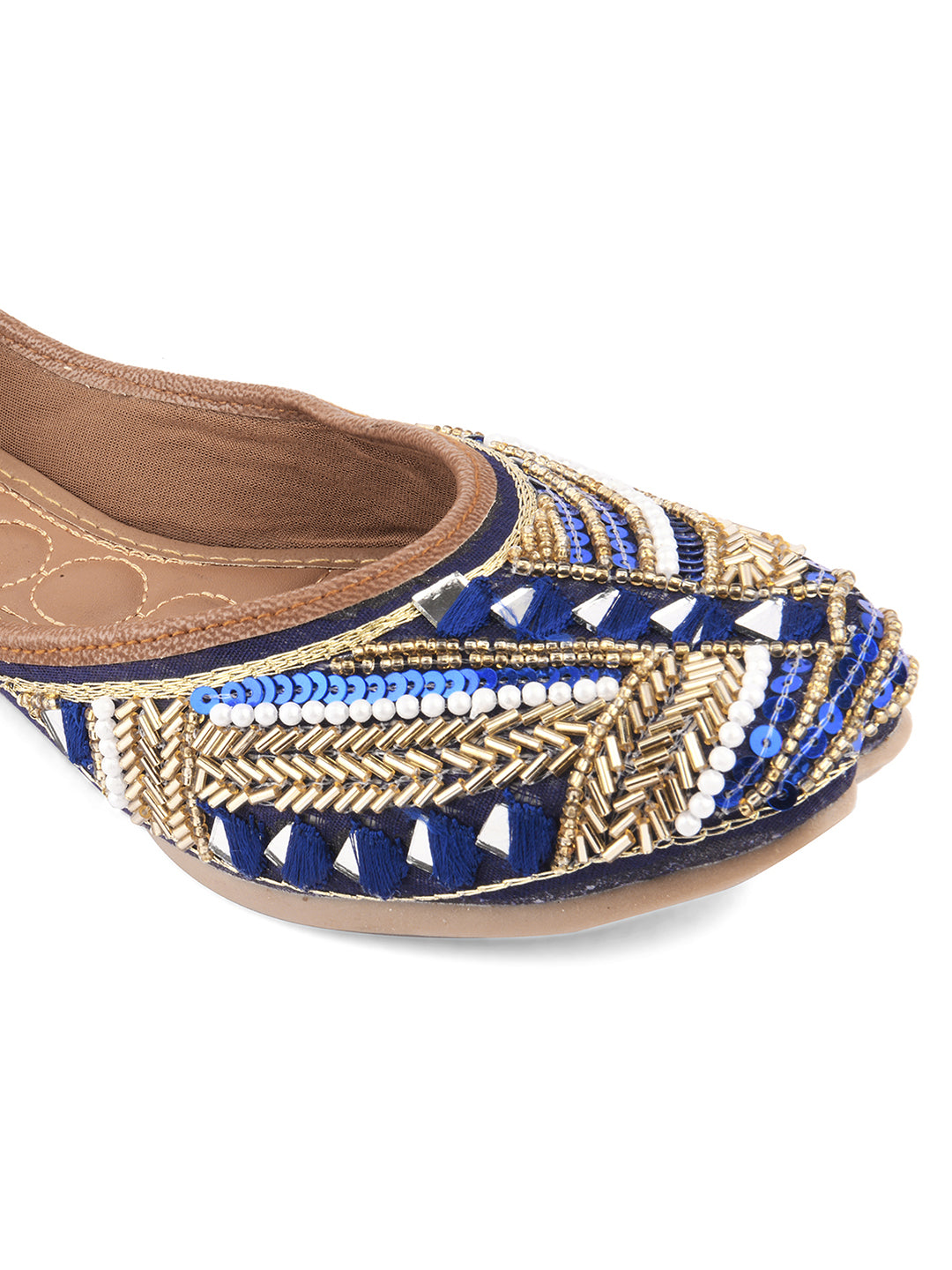 DESI COLOUR Women Brown Embellished Leather Ethnic Mojaris Flats