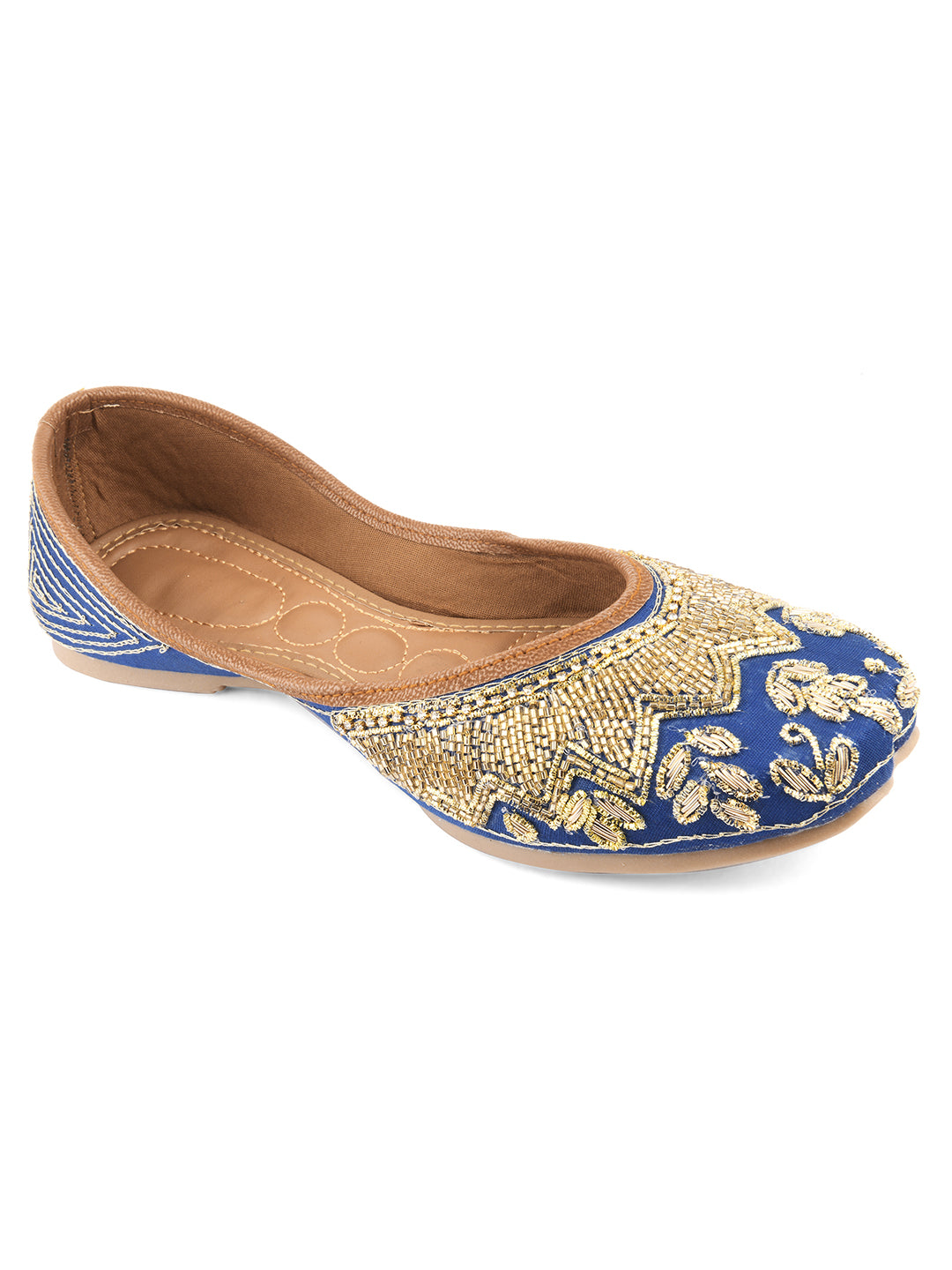 DESI COLOUR Women Brown Embellished Leather Ethnic Mojaris Flats