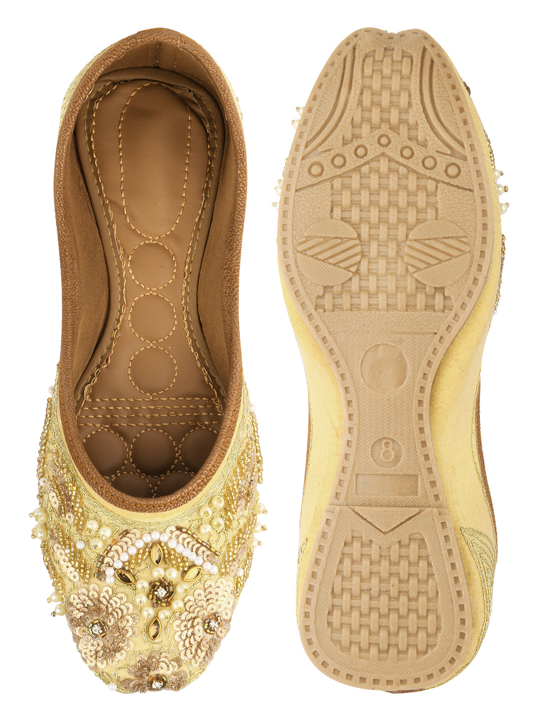 DESI COLOUR Women Tan Embroidered Leather Ethnic Mojari Flats