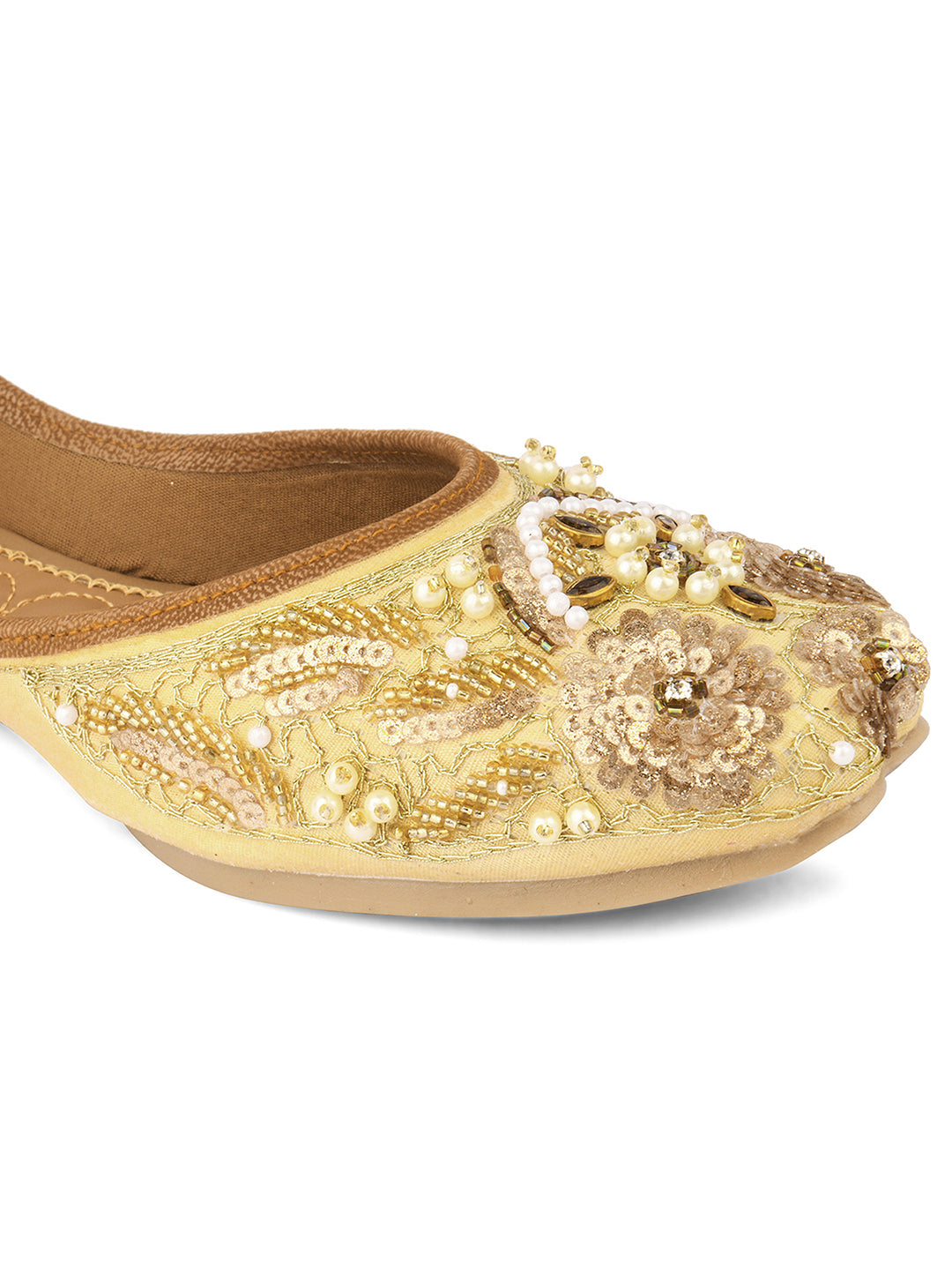 DESI COLOUR Women Tan Embroidered Leather Ethnic Mojari Flats