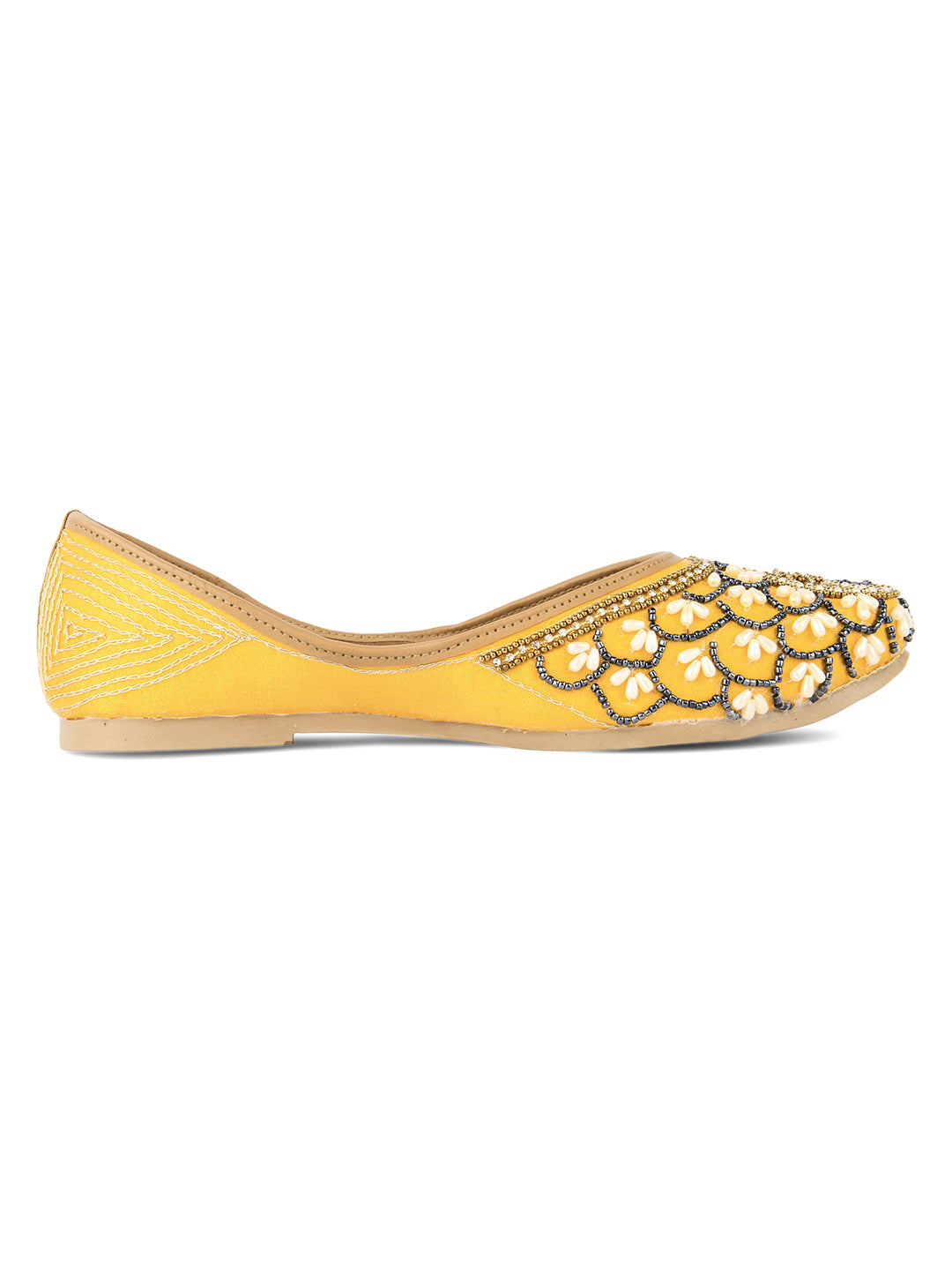 DESI COLOUR Women Tan Embroidered Leather Ethnic Mojari Flats