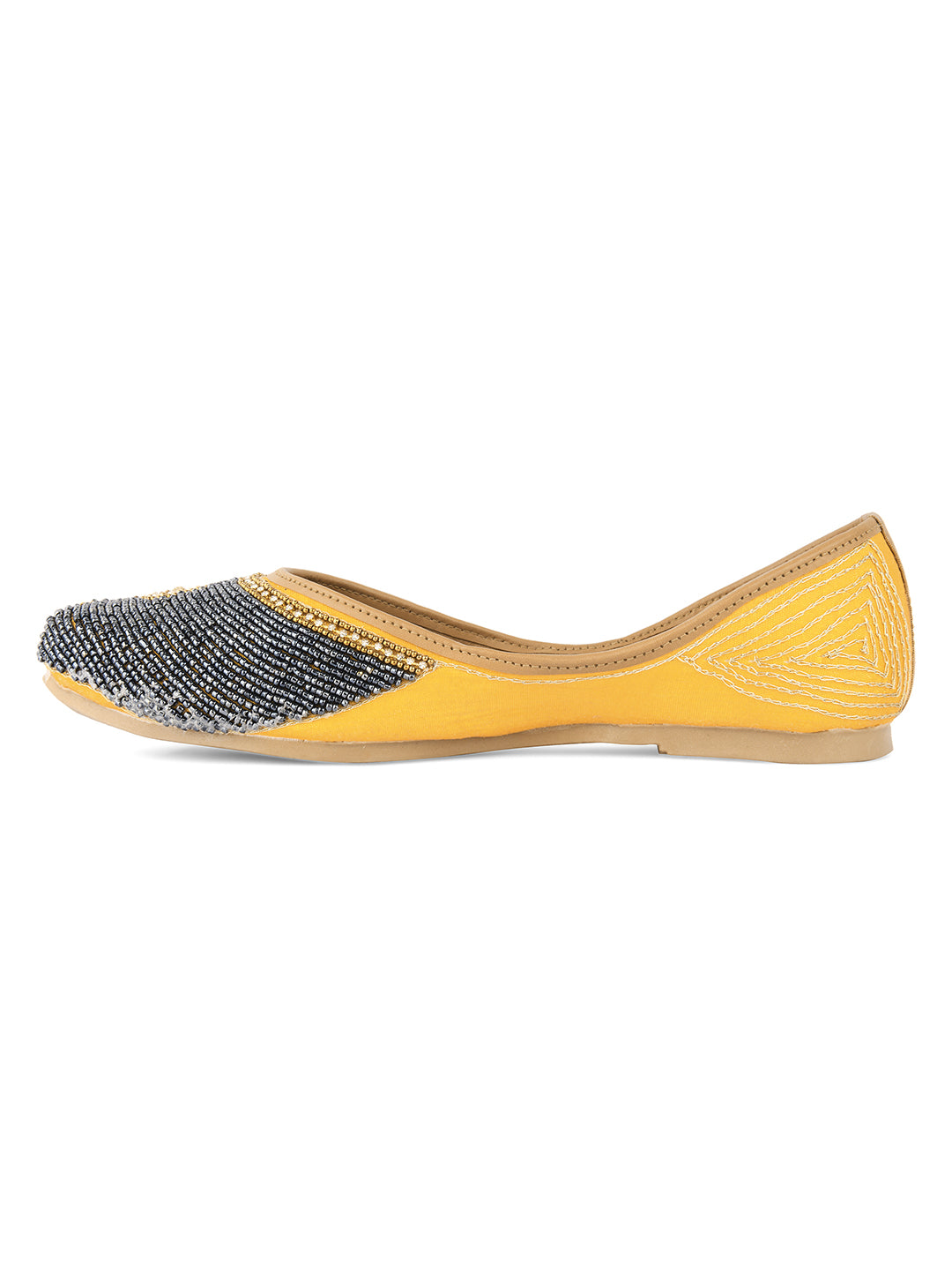 DESI COLOUR Women Tan Embroidered Leather Ethnic Mojari Flats