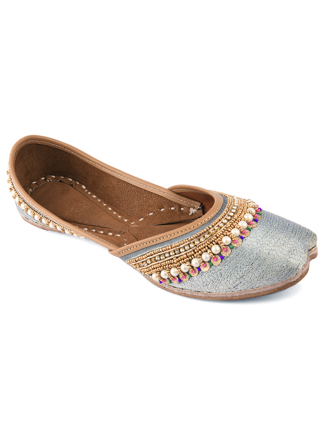 DESI COLOUR Women Red Gold-Toned Floral Embroidered Mojaris Flats