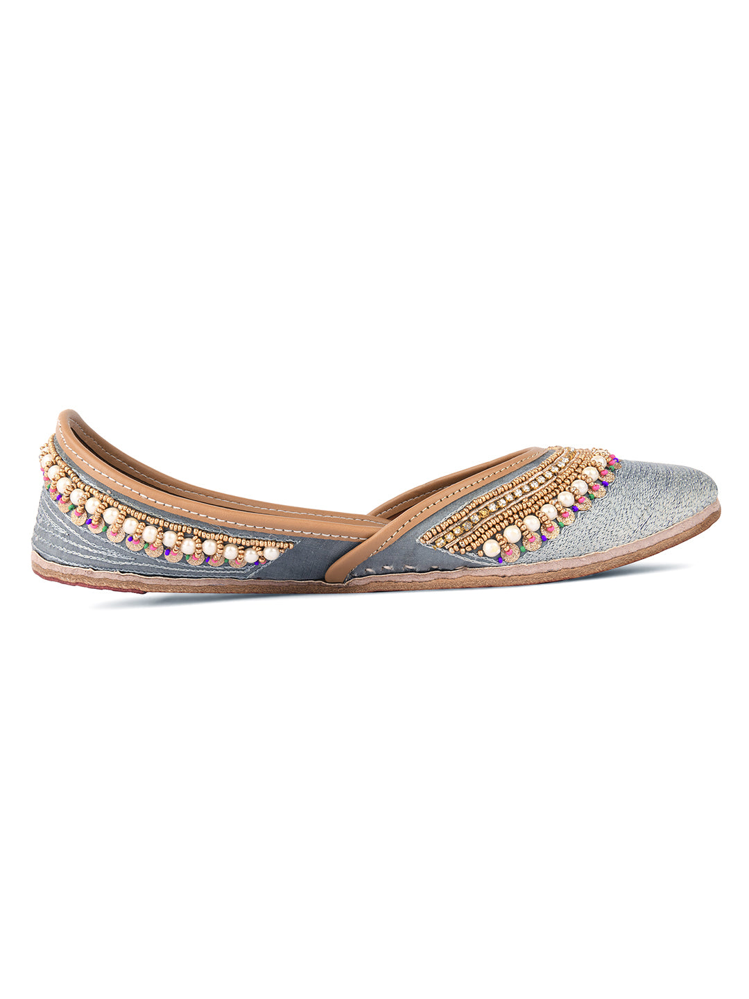 DESI COLOUR Women Red Gold-Toned Floral Embroidered Mojaris Flats