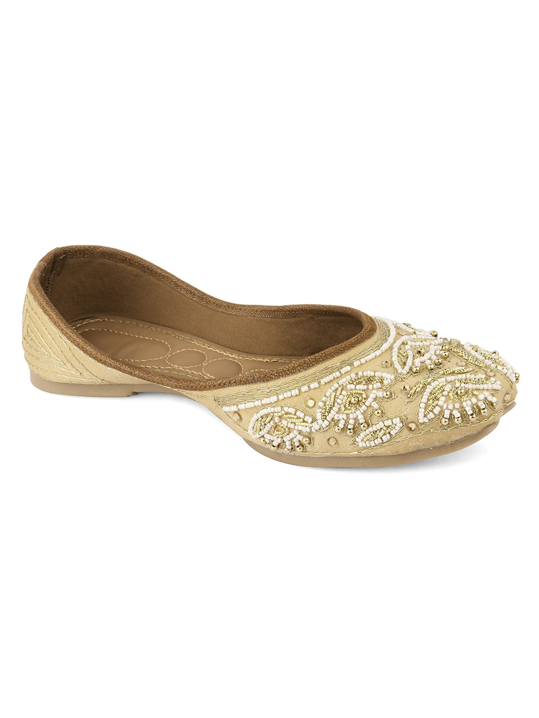 DESI COLOUR Women Gold-Toned Embellished Leather Ethnic Mojaris Flats