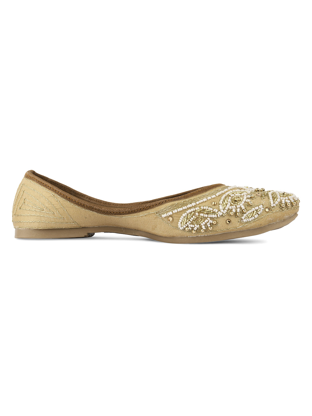 DESI COLOUR Women Gold-Toned Embellished Leather Ethnic Mojaris Flats