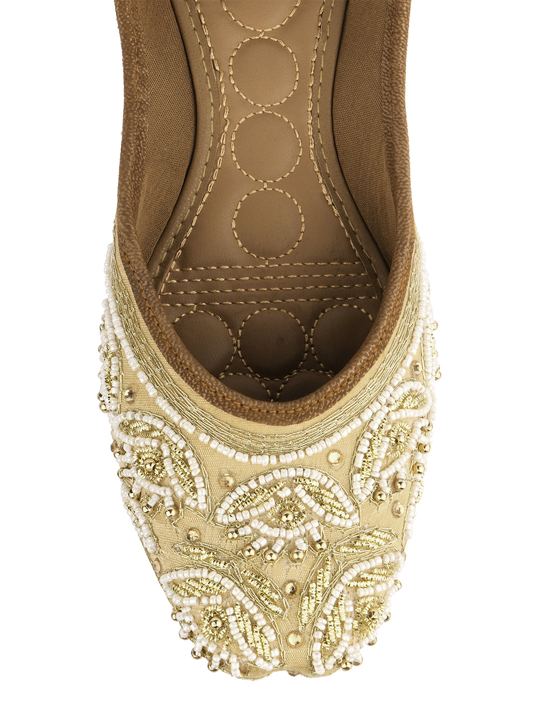 DESI COLOUR Women Gold-Toned Embellished Leather Ethnic Mojaris Flats