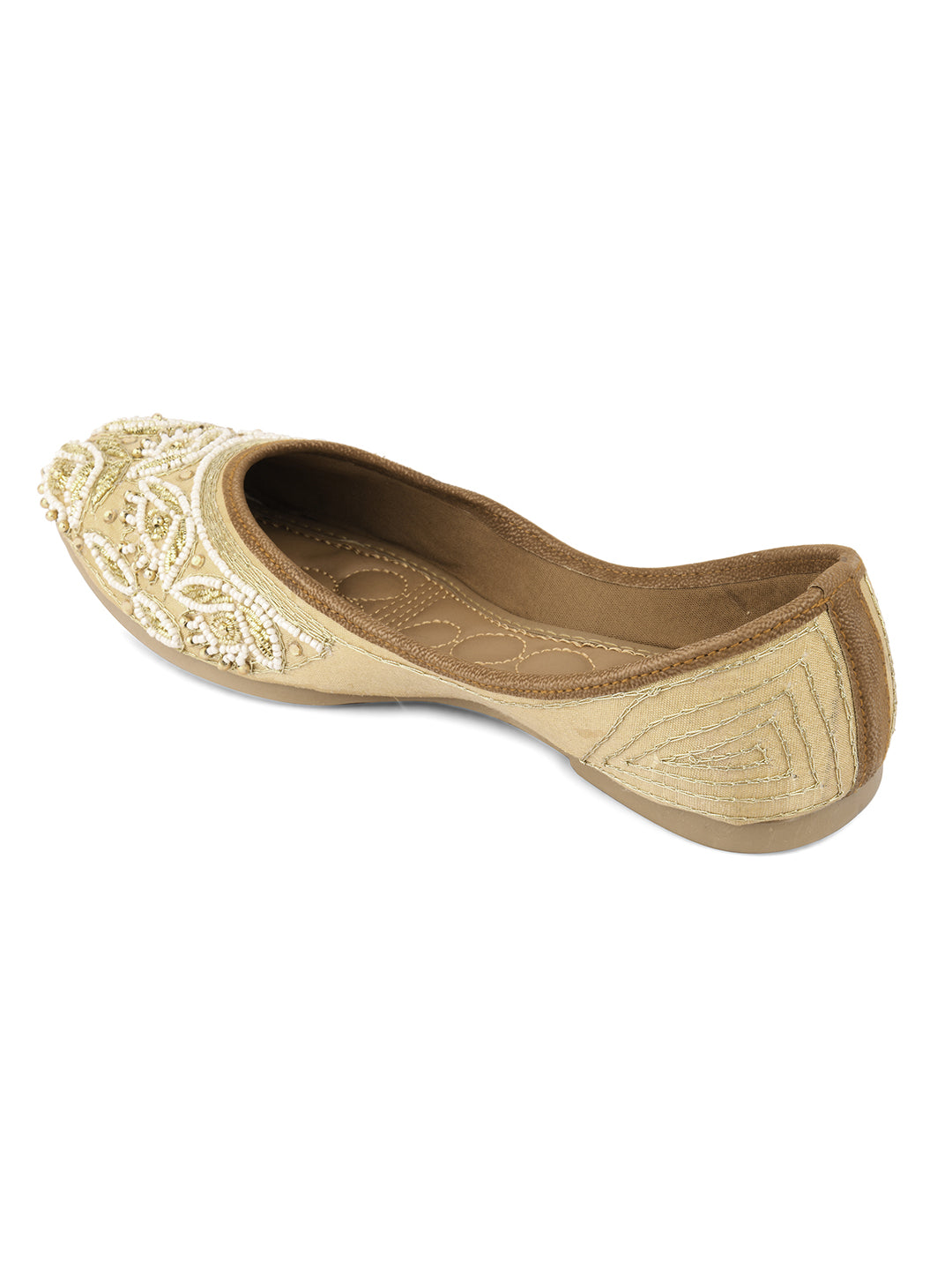 DESI COLOUR Women Gold-Toned Embellished Leather Ethnic Mojaris Flats