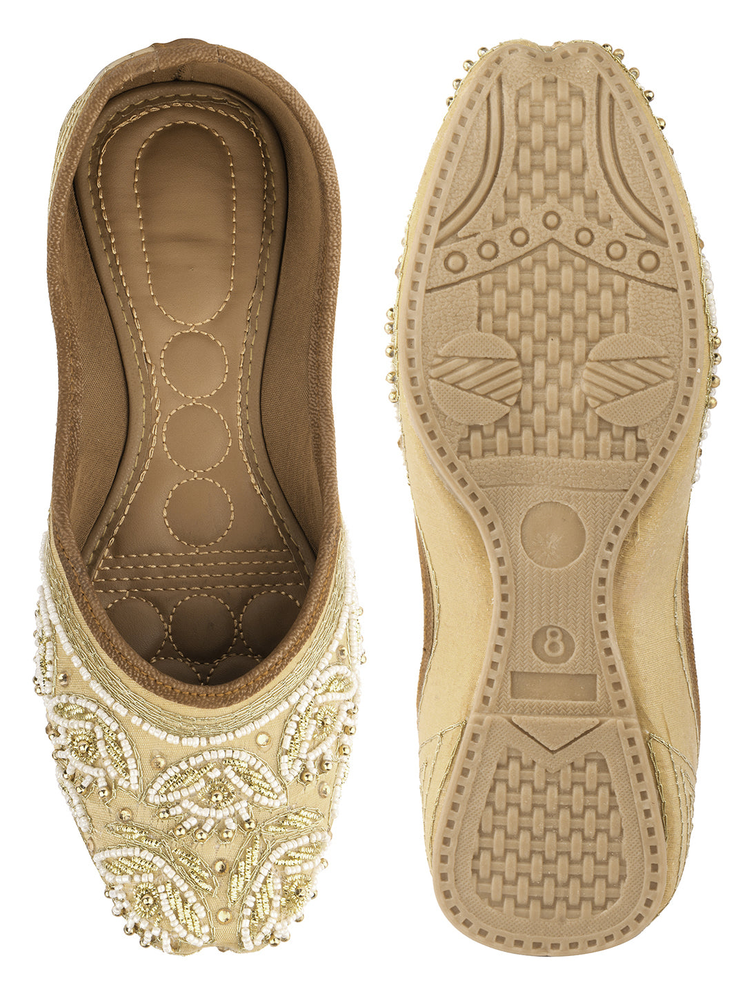 DESI COLOUR Women Gold-Toned Embellished Leather Ethnic Mojaris Flats