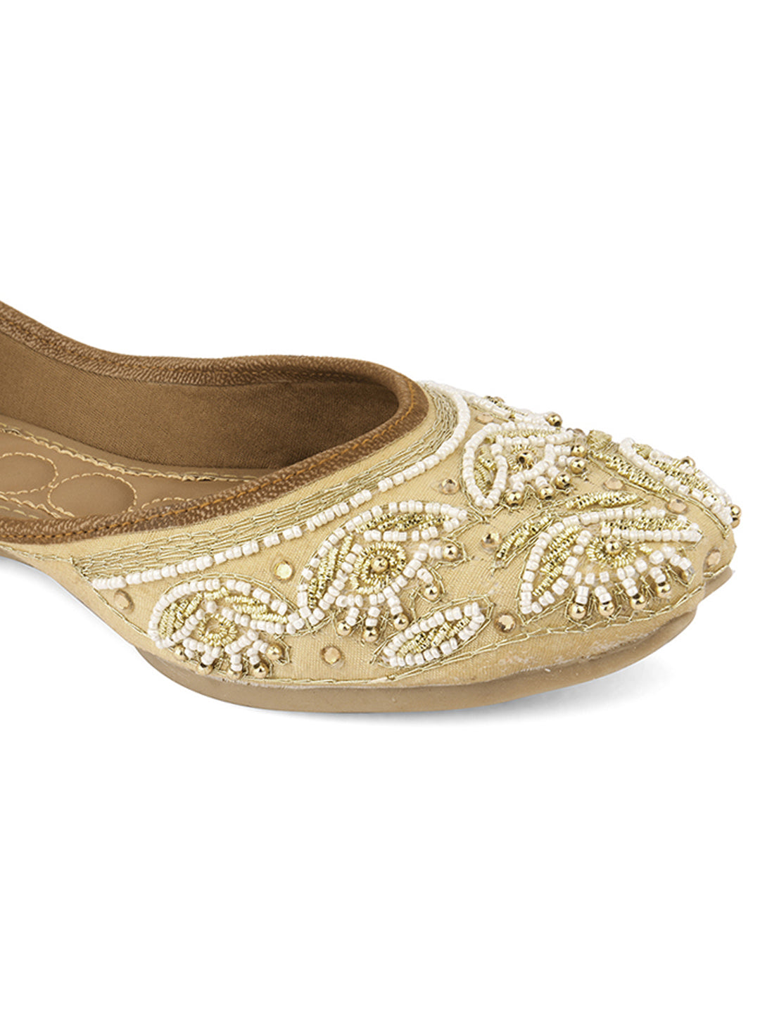 DESI COLOUR Women Gold-Toned Embellished Leather Ethnic Mojaris Flats