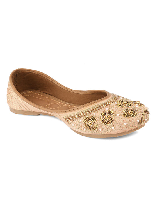 Women Peach-Coloured  Gold-Toned Embellished Ethnic Mojaris Flats