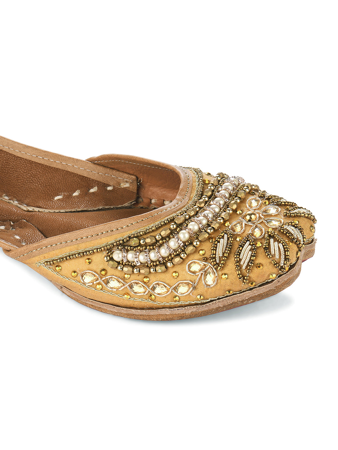 DESI COLOUR Women Red Embellished Leather Ethnic Mojaris Flats