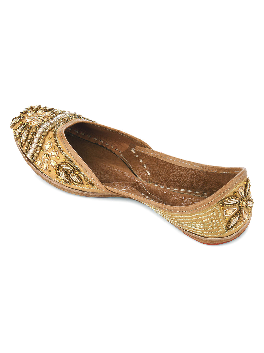 DESI COLOUR Women Red Embellished Leather Ethnic Mojaris Flats