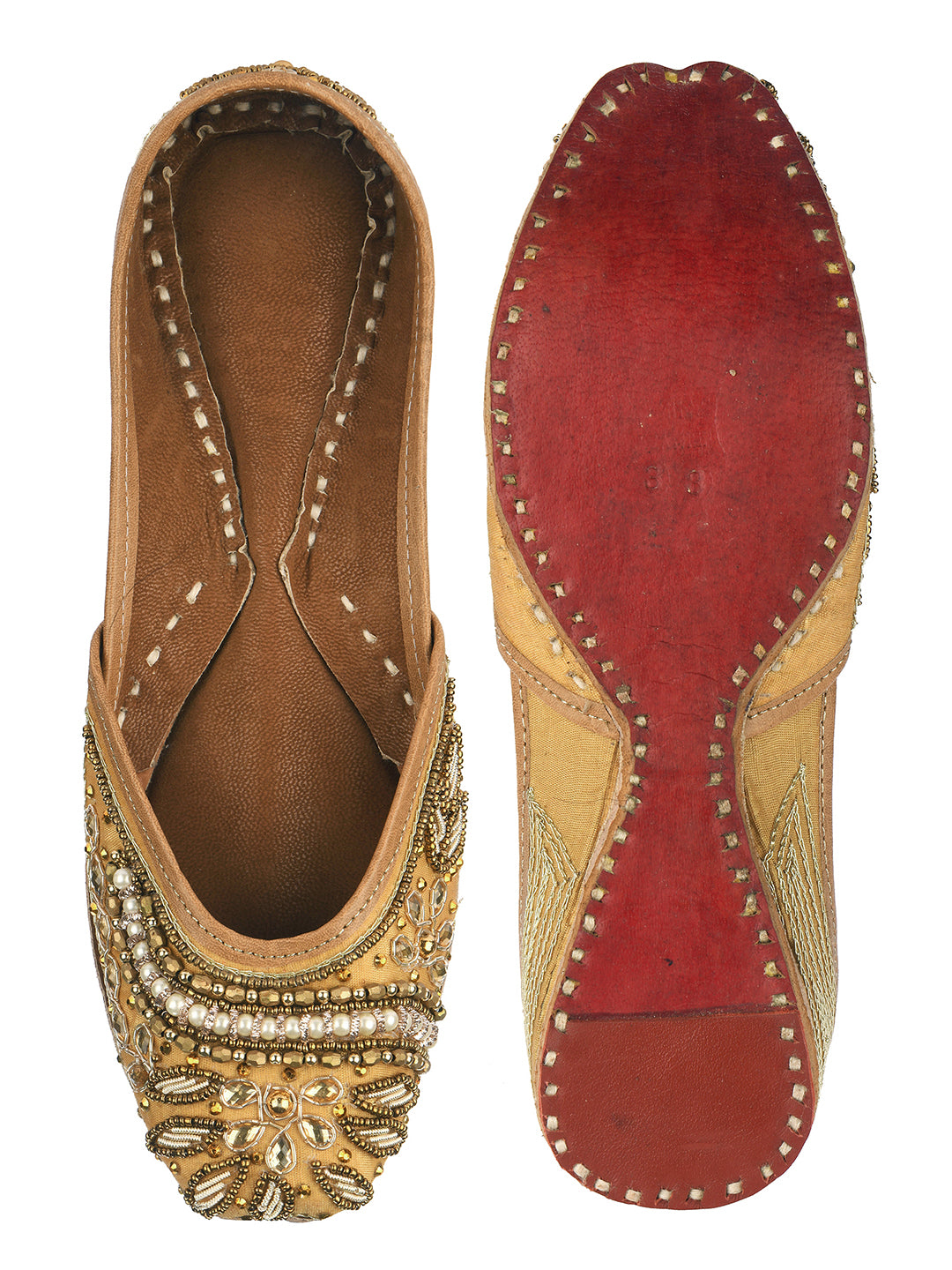 DESI COLOUR Women Red Embellished Leather Ethnic Mojaris Flats