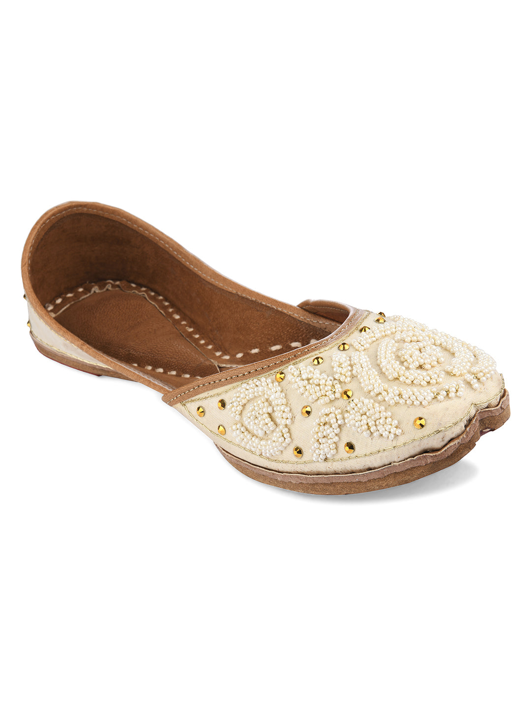 DESI COLOUR Women Green Embellished Leather Ethnic Mojaris Flats