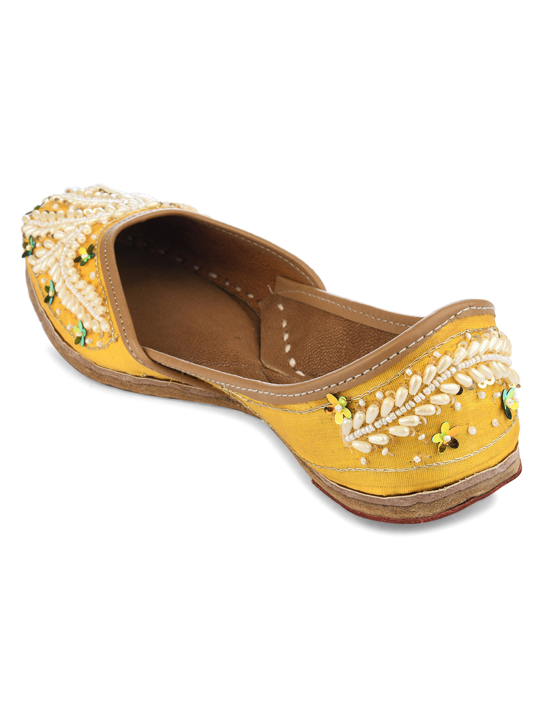 DESI COLOUR Women Green Embellished Leather Ethnic Mojaris Flats