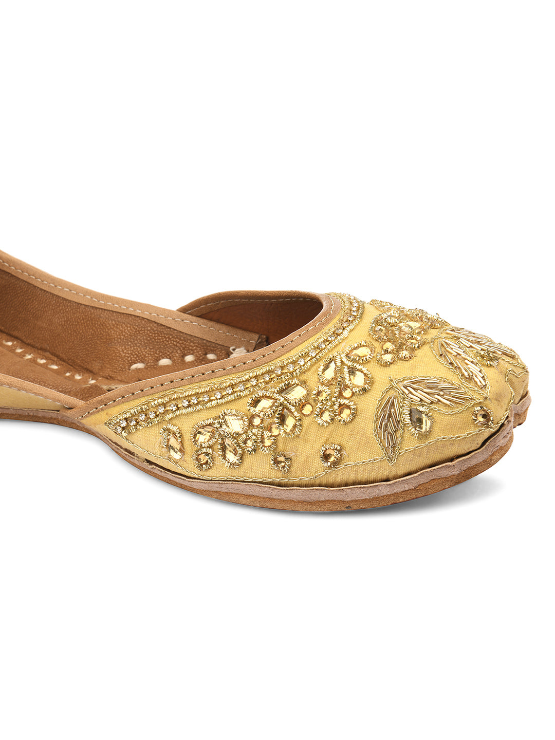 DESI COLOUR Women Gold-Toned Embellished Leather Ethnic Mojaris Flats