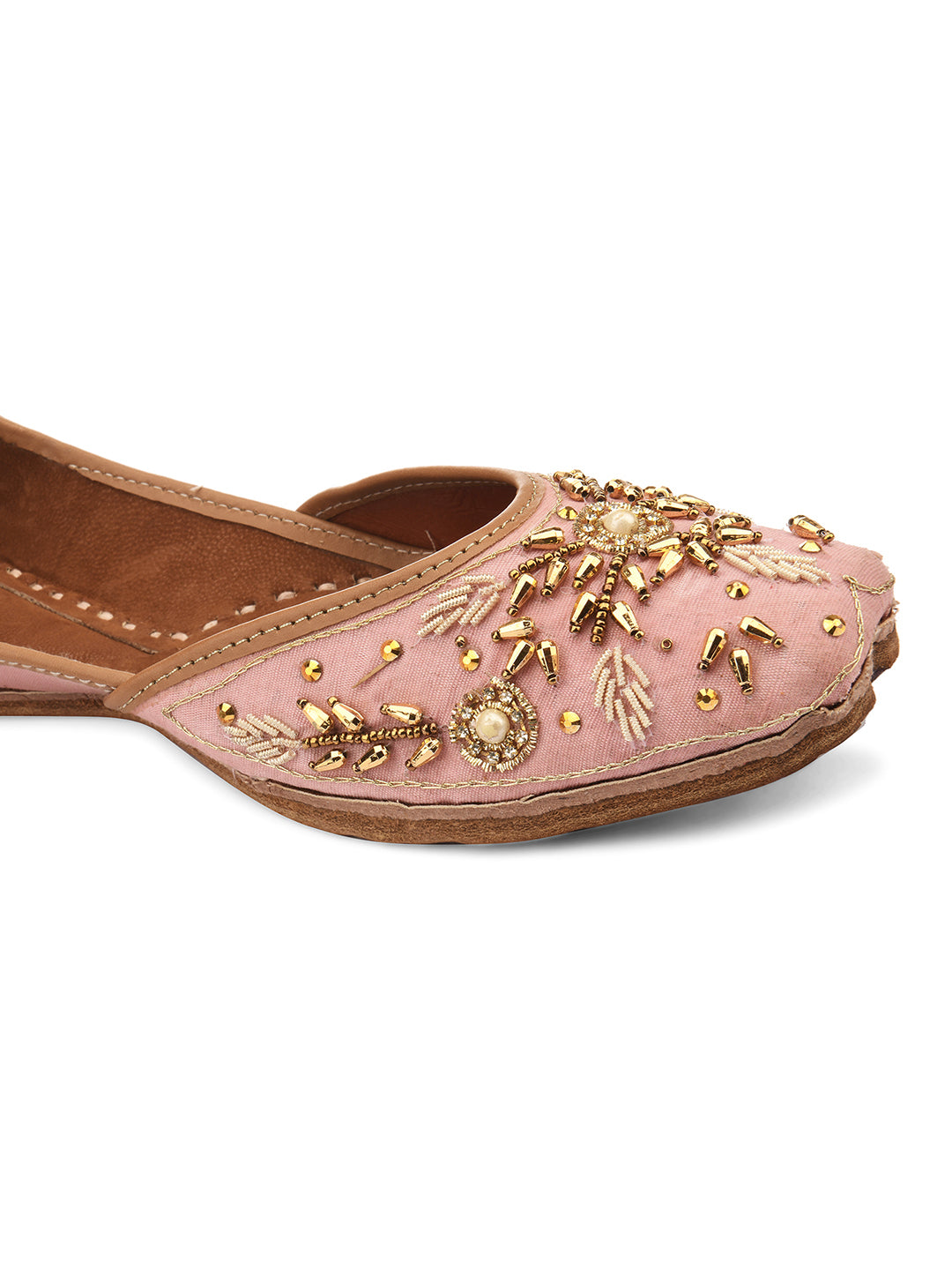 DESI COLOUR Women Gold-Toned Embellished Leather Ethnic Mojaris Flats