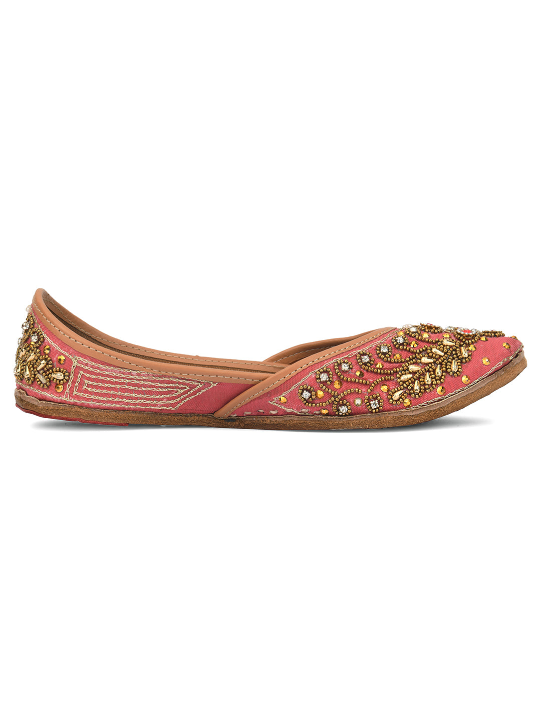 DESI COLOUR Women Peach-Coloured Embellished Leather Ethnic Mojaris Flats