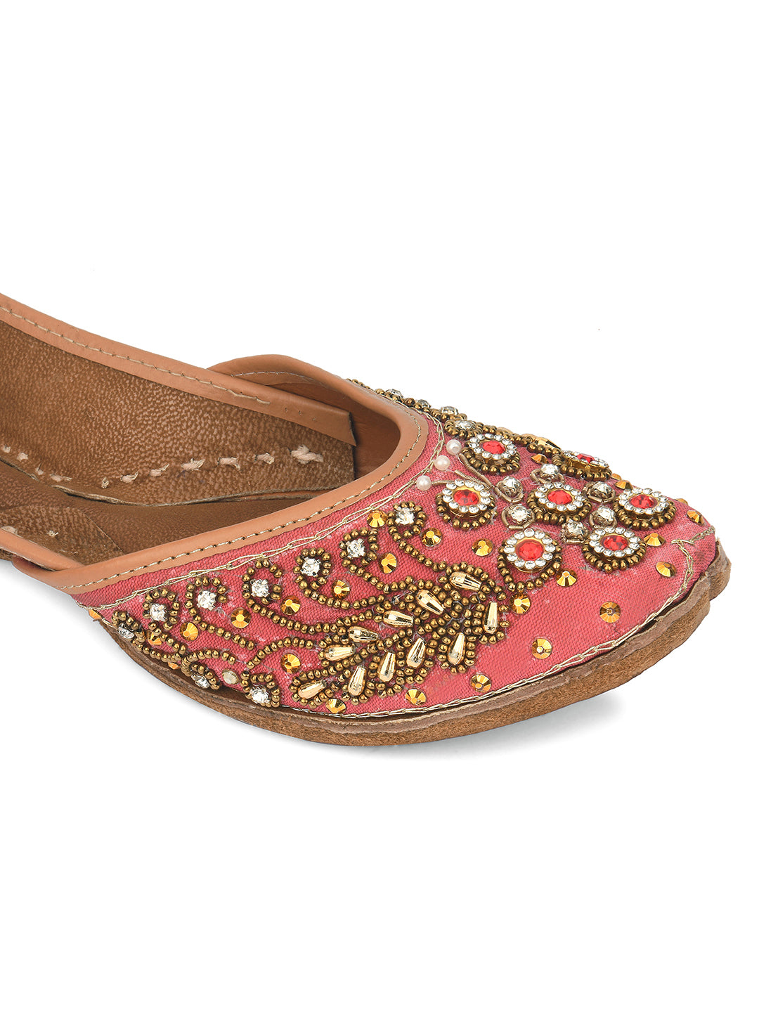 DESI COLOUR Women Peach-Coloured Embellished Leather Ethnic Mojaris Flats