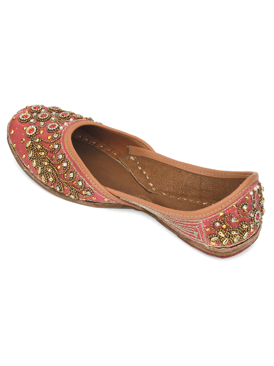 DESI COLOUR Women Peach-Coloured Embellished Leather Ethnic Mojaris Flats