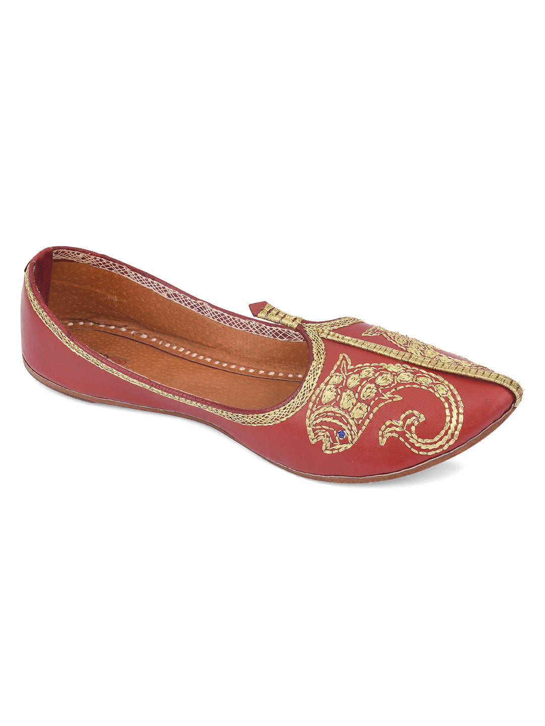 DESI COLOUR Women Red Embellished Leather Ethnic Mojaris Flats