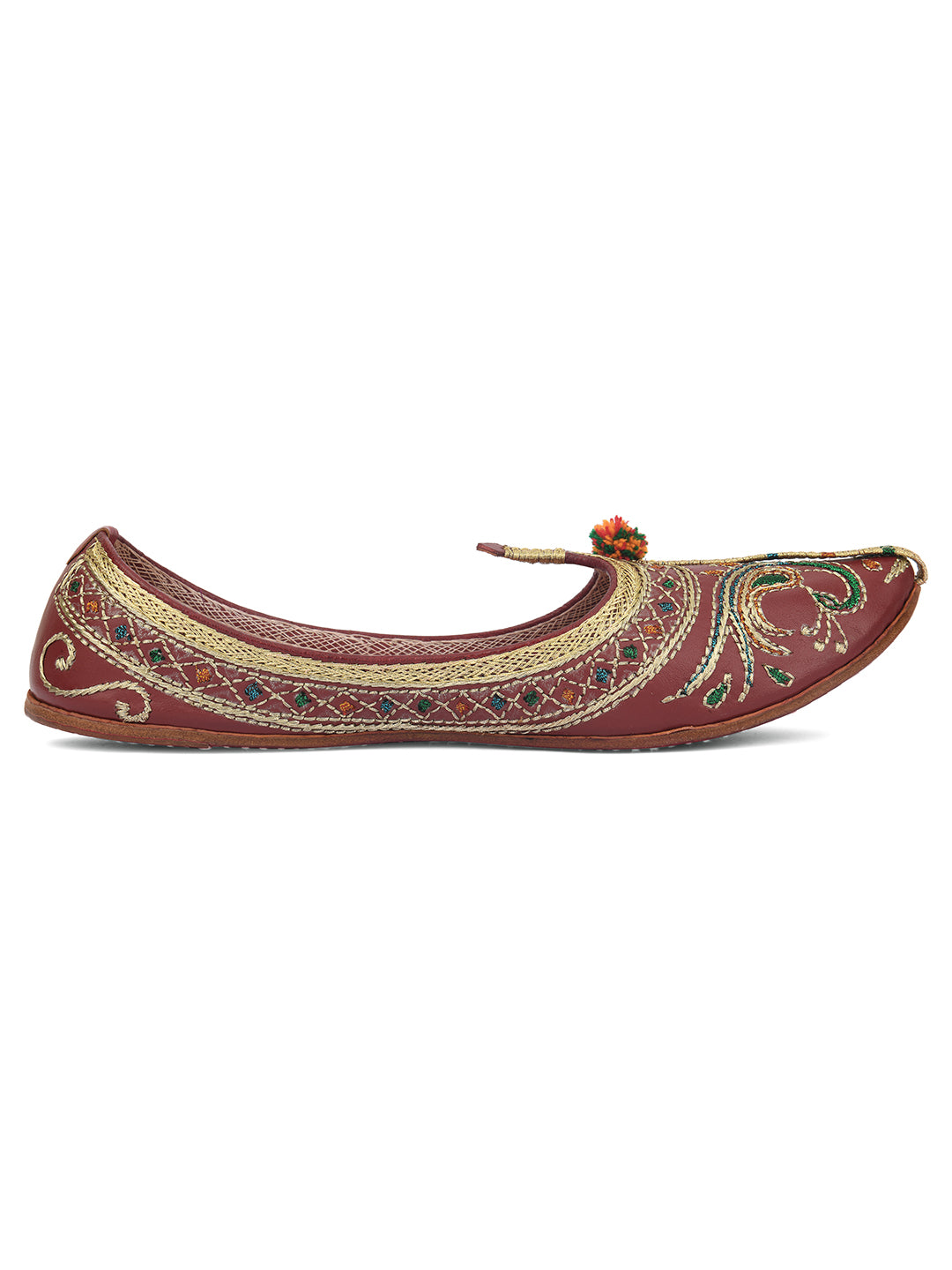 DESI COLOUR Women Maroon Embellished Leather Ethnic Mojaris Flats