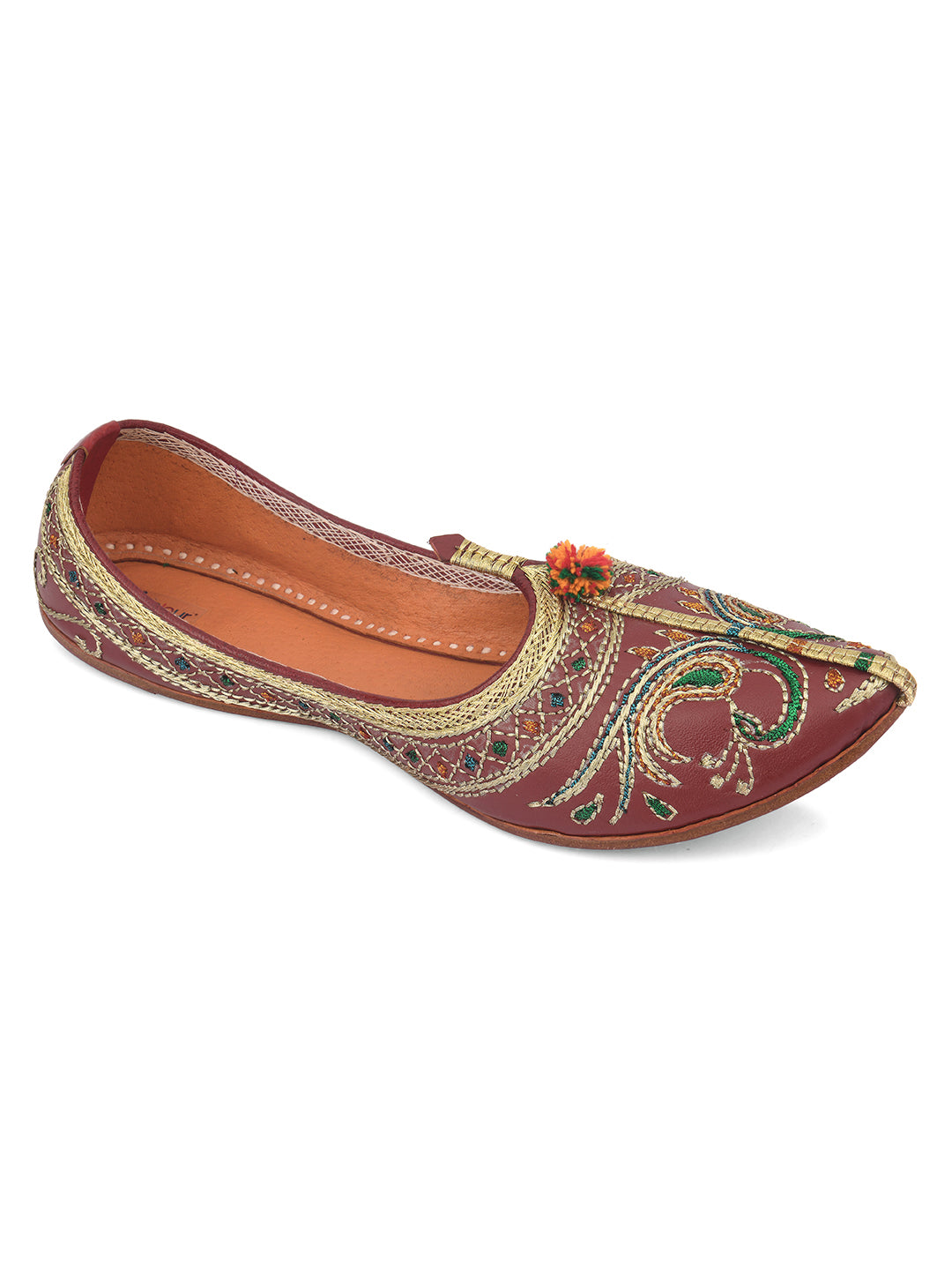 DESI COLOUR Women Maroon Embellished Leather Ethnic Mojaris Flats