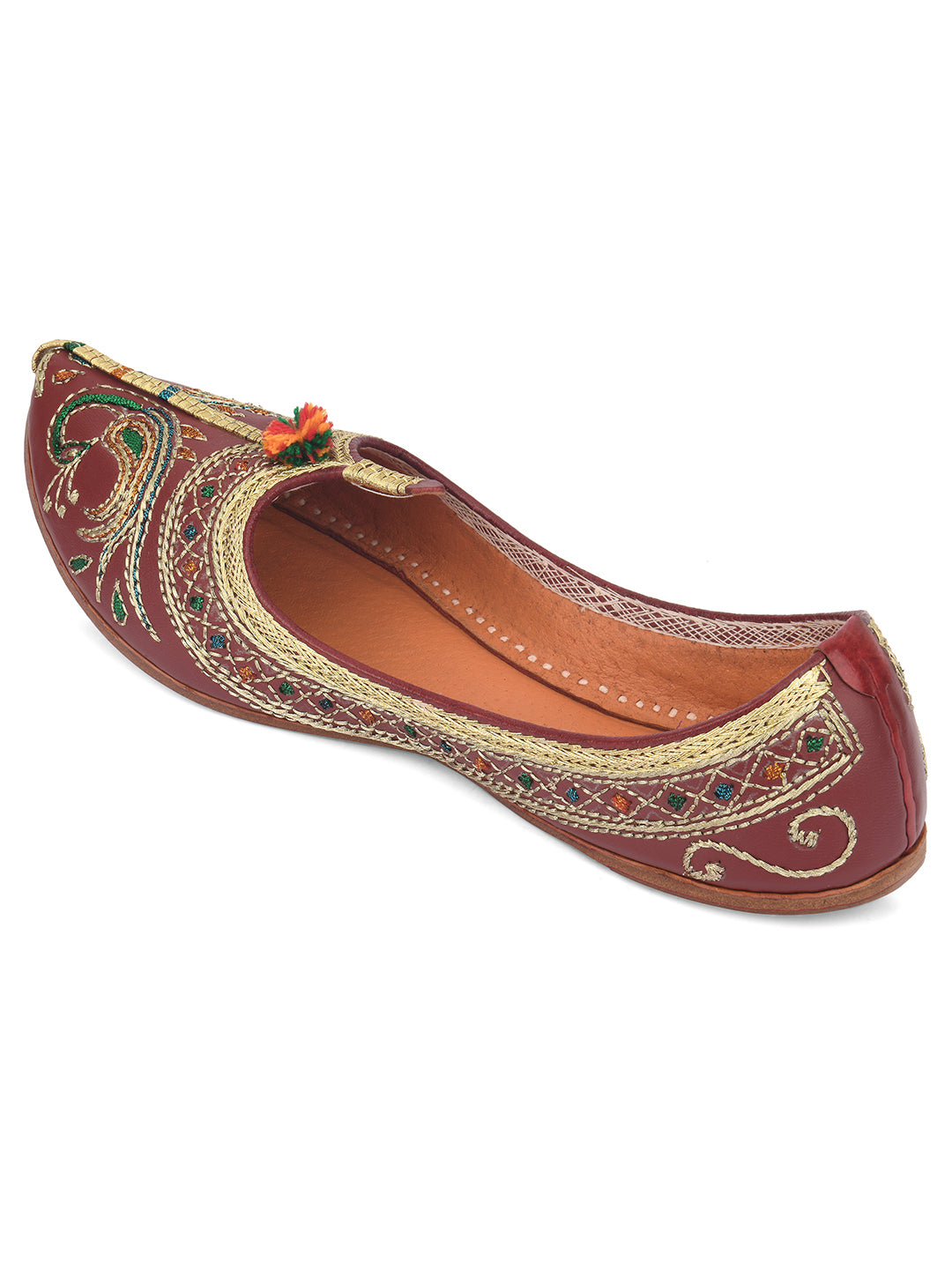 DESI COLOUR Women Maroon Embellished Leather Ethnic Mojaris Flats