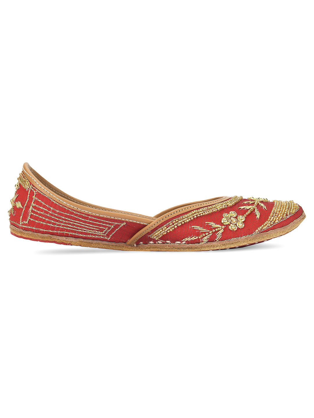 DESI COLOUR Women Maroon Embellished Leather Ethnic Mojaris Flats