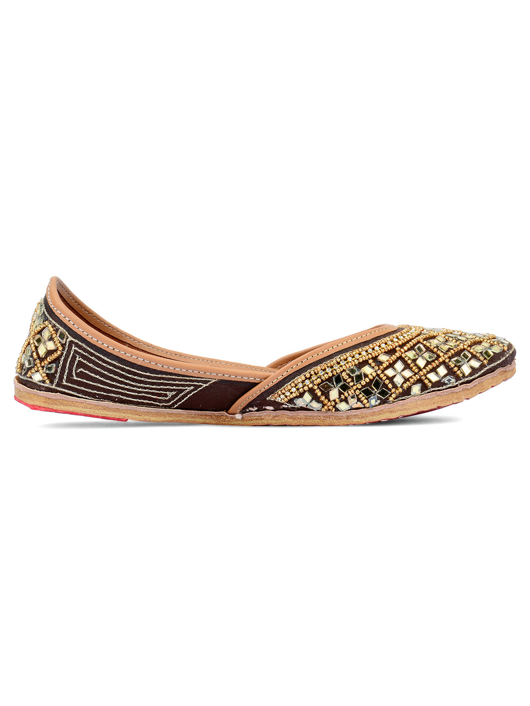 DESI COLOUR Women Copper-Toned Embellished Leather Ethnic Mojaris