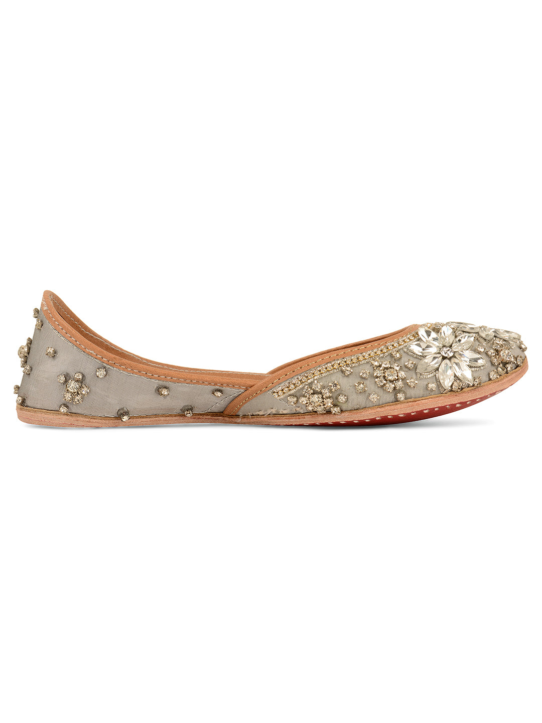 DESI COLOUR Women Grey Embellished Leather Ethnic Mojaris Flats