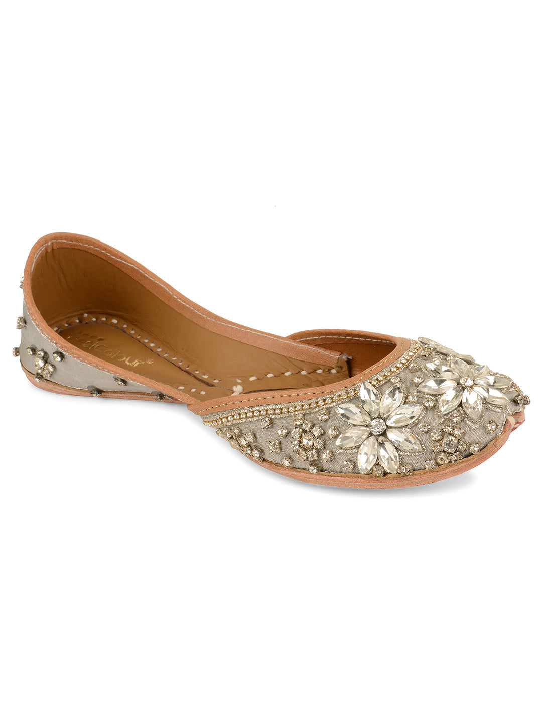 DESI COLOUR Women Grey Embellished Leather Ethnic Mojaris Flats