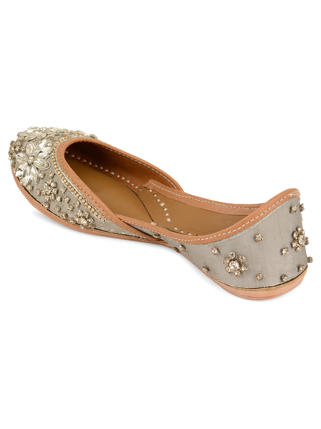 DESI COLOUR Women Grey Embellished Leather Ethnic Mojaris Flats