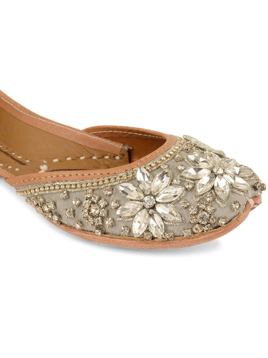 DESI COLOUR Women Grey Embellished Leather Ethnic Mojaris Flats