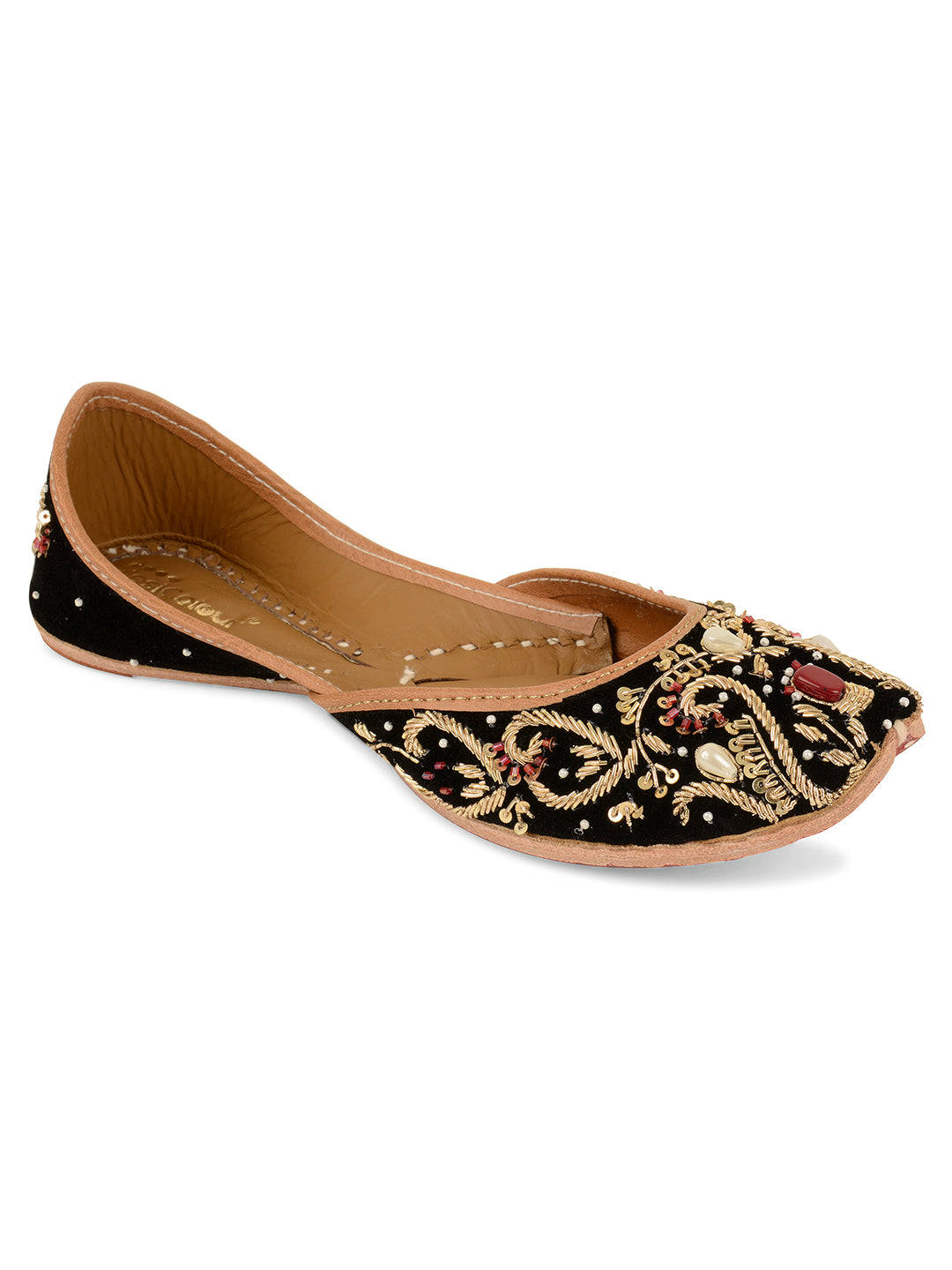 DESI COLOUR Women Burgundy Gold-Toned Embellished Leather Ethnic Mojaris