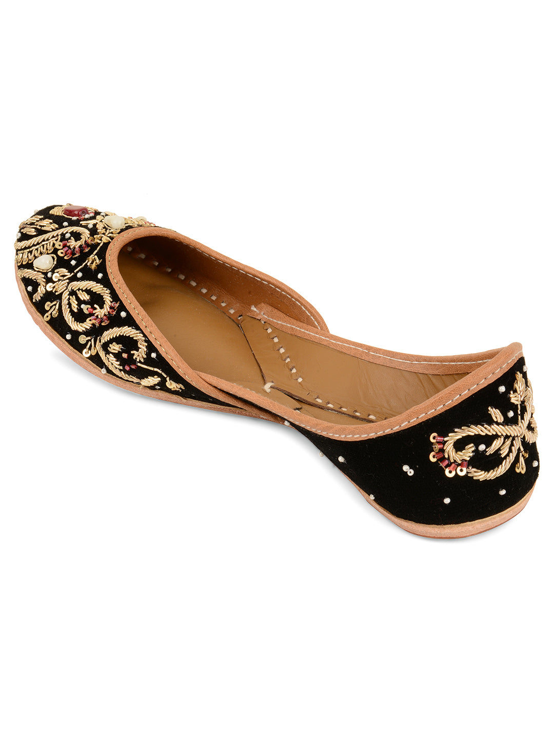 DESI COLOUR Women Burgundy Gold-Toned Embellished Leather Ethnic Mojaris