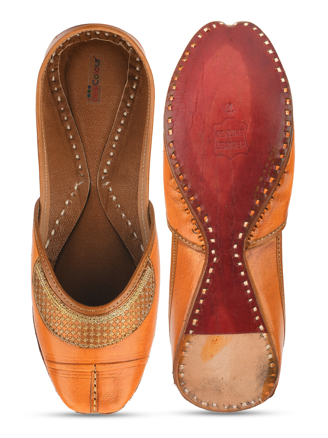 DESI COLOUR Women Tan Embellished Ethnic Mojaris Flats